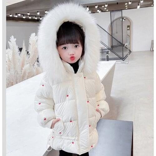 DFXD Winter Kids Clothes Girls Coats For 1-7Yrs Plus Velvet Thick Snowsuit Down Jacket Coat Waterproof Cherry Embroidery Outwear