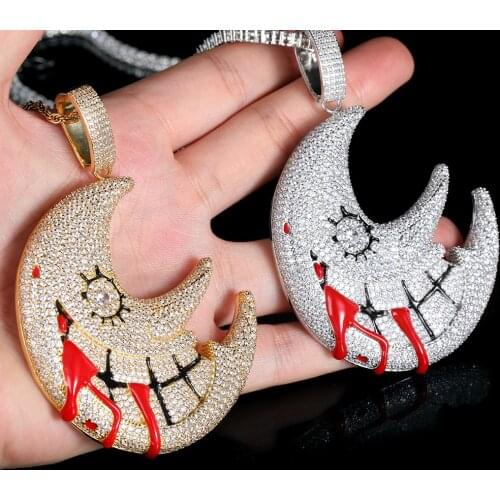 AZ Hip Hop Iced Out Big Moon Necklaces Pendant For Men Paved Cubic Zircon Stone Women Goth Jewelry Gift Free Shipping