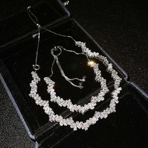 QTT Rectangle Crystal Bridal Jewelry Sets Silver Color Beads Rhinestone Wedding Necklace Bracelet Set For Women Girl Gift