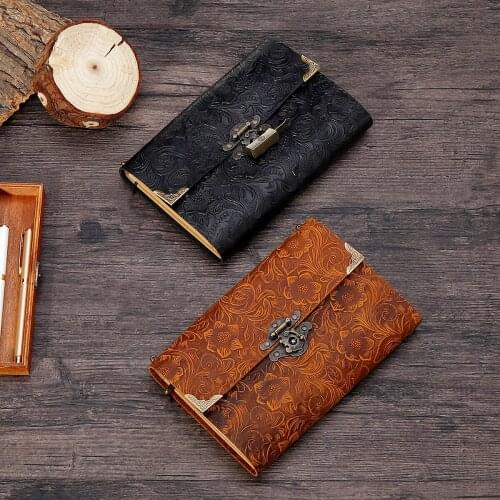 Carved Genuine Leather Notebook Soft Leather Book with Lock Notepad Travel Diary Weekly Planner Kraft Paper for Business Writing