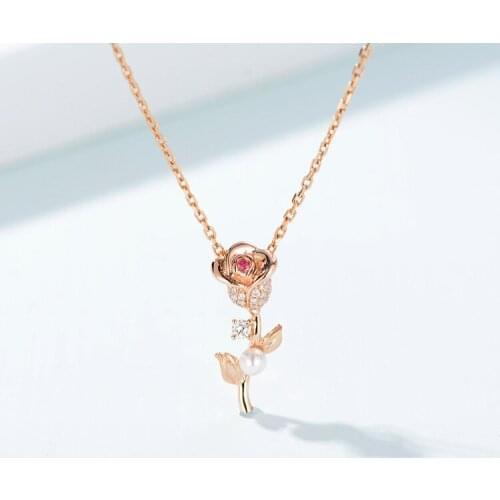 Rose gold rose Ruby Pearl Diamond Pendant Necklace collarbone chain
