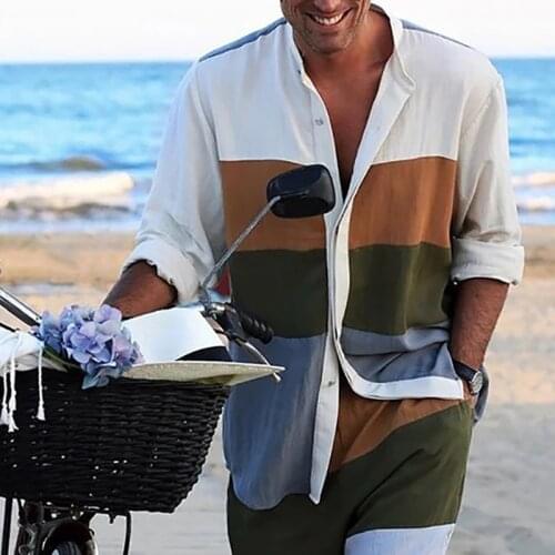 Mens Simple Stand-up Collar Color Matching Long-sleeved Shirt Summer Casual Loose Holiday Striped Printed Shirt Mens Clothing