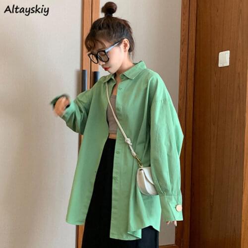 Shirts Women Solid Color Medium-long Style Womens Students Korean Turn-down Collar Simple All-match Inside Ulzzang Chic Harajuku