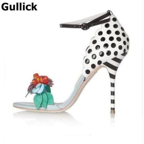 Gullick Bright Flowers Leaves Sandals Thin Heels Ankle Strap Woman Polka Dot Stripe Sandals Stiletto Heels shoes