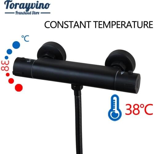Torayvino Thermostat Bathroom Black Finished Brass Wall Mounted Mixer Faucet Double Hole Single Outlet Shower Set Tap