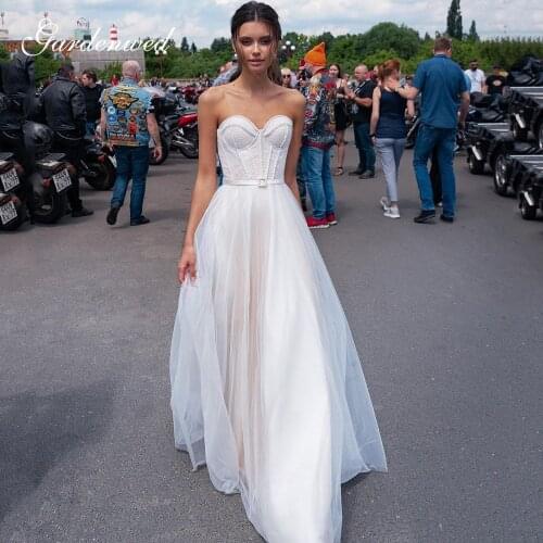 Gorgeous Pearls Wedding Dresses 2020 Sweetheart Sashes A Line Bridal Gowns Sleeveless Long Tulle Wedding Gowns