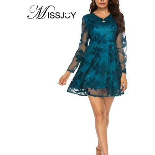 MISSJOY Patchwork Pearl V-Neck Vintage Women Dresses High Waist Lace Solid Color Elegant Plus Size Party Female A-Line Sexy 2019