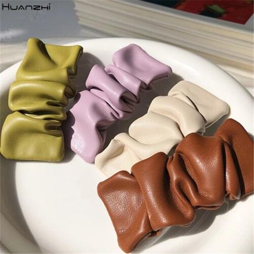HUANZHI 2021 Vintage Pleated Pu Leather Colorful Side Bangs Clip Barrette Rectangle Hairpin for Women Girls Hair Accessories