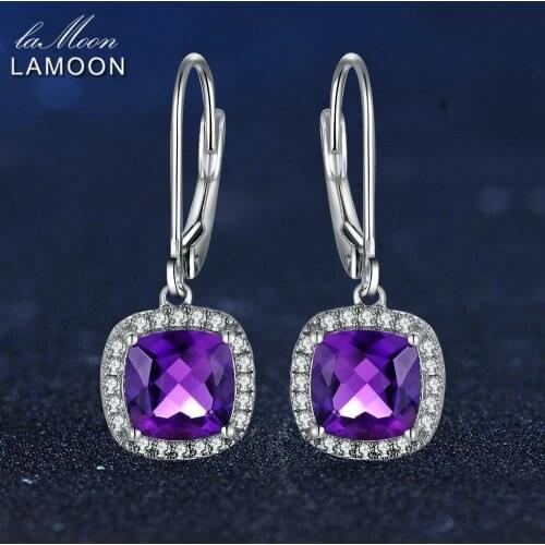 LAMOON 925 Sterling Silver Earrings For Women Gemstone Amethyst 18K White Gold Plated Fine Jewelry Drop Earrings S925 LMEI001