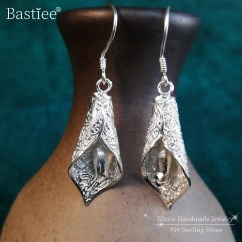 Bastiee Women Drop Earrings 999 Sterling Silver Jewelry Earrings Lilium Flower Hmong Handmade Luxury Gift For Women Jewellery