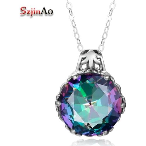 Szjinao Original 925 Sterling Silver Pendants&Necklaces for Women Rainbow Topaz Classic Pendants for Women Silver 925 Jewelry
