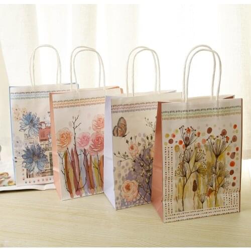 10PCS 21x15x8cm Small size Flower kraft paper gift bag Festival Paper bag with handles Kids birthday party Souvenir Bags