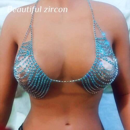 2021 sexy women shiny blue pink crystal tassel body chain bikini suspender vest chest chain adjustable Rhinestone bra underwear