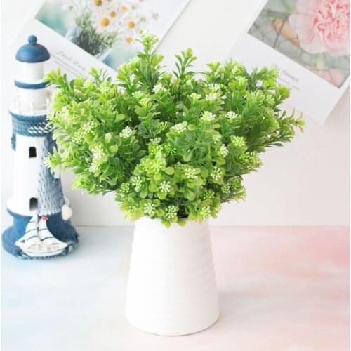 33cm 7Forks 35Heads Artificial Milan Grass with Green Leaves Fake Plastic Plants Flower for Wedding Home Office Party Decoration