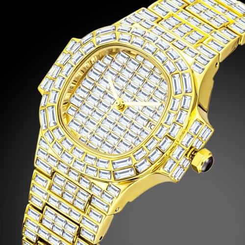 MISSFOX Hip Hop Full Square Diamond Mens Watches Top Brand Luxury Gold Stainless Steel Quartz Watch WaterproofClock Reloj hombre