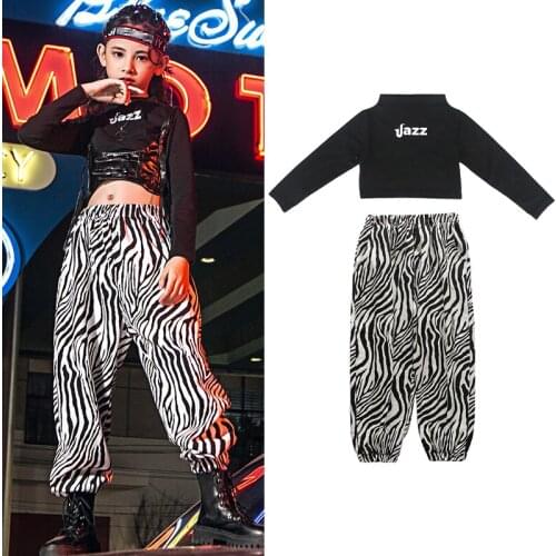 Children Jazz Costumes Girls Modern Ballroom Dancing Clothes Hiphop Suit Zebra Print Pants Street Dancewear Stage Outfit VDB2532