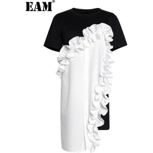 [EAM] 2021 New Spring Summer Round Neck Short Sleeve Black Loose Ruffles Three-dimensional Loose Dress Women Fashion JR674