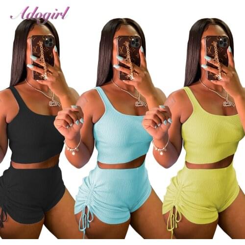 Fitness Sweatsuit Rib Knit Summer Two Piece Set Solid Straps Sleeveless Vest Tank Tops Jogger Shorts Outfit Activewear Tracksuit