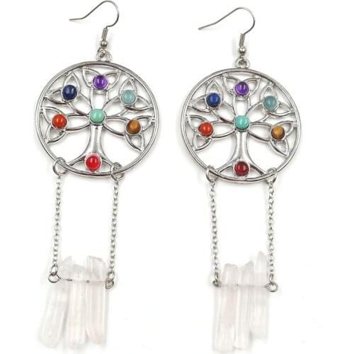 FYJS Unique Jewelry Silver Plated Round Shape Tree of Life with Irregular Shape Natural Rock Crystal Drop Earrings
