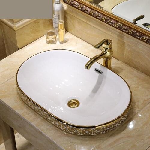Ceramic wash Basin Semi Embedded Washbasin European Style Art Basin Oval Washbasin bathroom sinks golden mosaic pattern