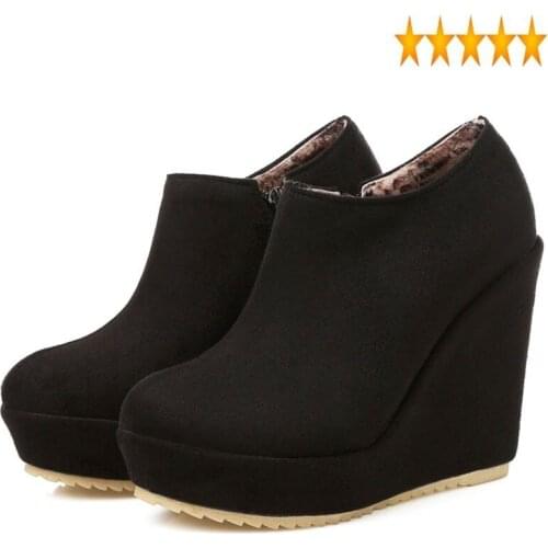Ankle Classic Women Wedges Platform Shoes Zapatos Mujer Zip Faux Suede Round Toe High Heel Botas Comfortable Warm Woman Footwear