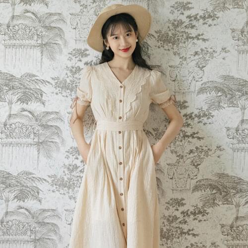 Mori Girl Cottage Style Vintage Dress Puff Short Sleeve Wavy Lace Patchwork French Women V-neck Modi Long Dress Vestidos Largos