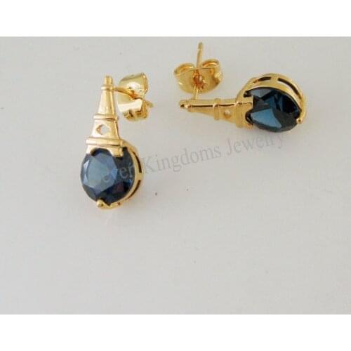 CUTE STUD TALL 0.63" Eiffel Tower BLUE STONE HIGH SHINNING EARRING - YELLOW GOLD COLOR