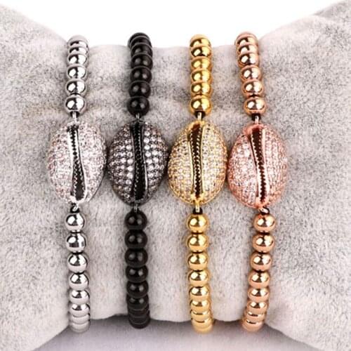 Fashion Elegant Design CZ Shell Charm and Stainless Steel Beaded Adjustable Bracelet Women