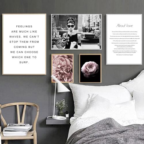 Audrey Hepburn Black White Fashion Poster Canvas Wall Art Print Flower Painting Motivational Decorative Picture Modern Decor