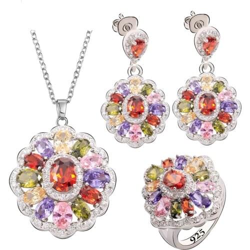 Multicolor Green Black Semi-precious Silver Color Jewelry Sets for Women Gift Earrings Necklace Pendant Ring