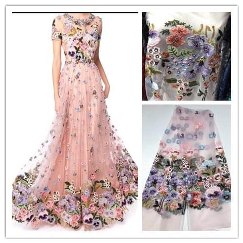 Top quality french lace fabric ZH-109685 flower embroidered tulle fabric for wedding dress