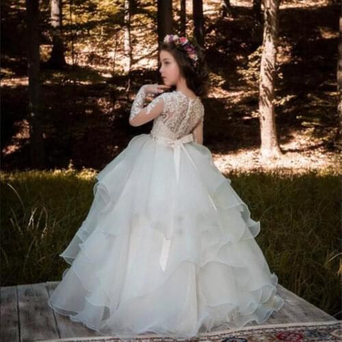 Lovely Tiered Flower Girls Dresses Jewel Neck Beads Sash Pageant Custom Made Floor Length Kids Birthday Gowns