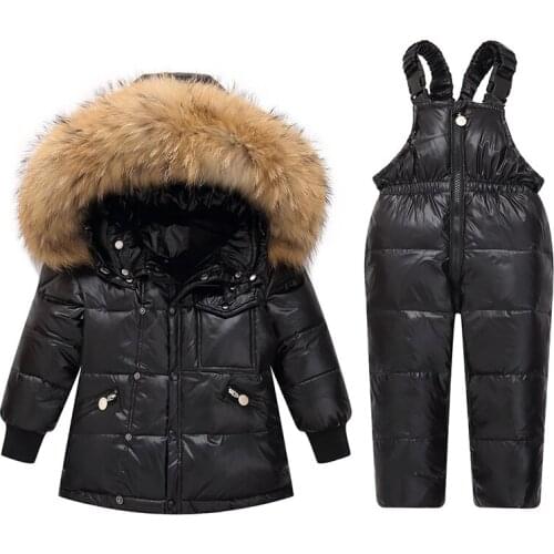 Hooded Down Jacket For Baby Girls Sets 2021 Winter Boys Coat Fur Collar Thick Outerwear 1-4 Years Kids Snowsuit Toddler Overalls