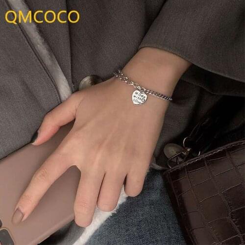 QMCOCO 925 Silver Thick Chain Trendy Bracelet For Women Vintage Handmade LOVE Heart-Shape Thai Silver Rock Party Jewelry Gifts