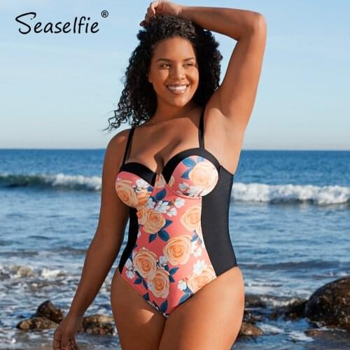 SEASELFIE Plus Size Push Up Underwire Pink Floral One Piece Swimsuit Women Large Size Monokini Bathing Suit 2021 Beach Swimwear