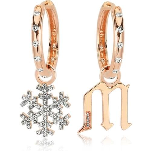 Valori Jewels Snowflake And Letter, Zirconia White Gemstone, Rose Gold Plated, Sterling Silver Small Stylish Hoop Charm Earrings