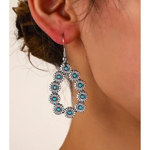 Vintage Silver Metal Flower Cluster Open Teardrop Earrings for Women Mini Turquoise Dot Blooming Earrings Jewelry Wholesale