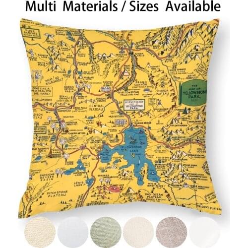 Vintage 1930 Yellowstone National Park Map Pillow Case Throw Pillow Cover Cotton Linen Flax Yellowstone National Park Map