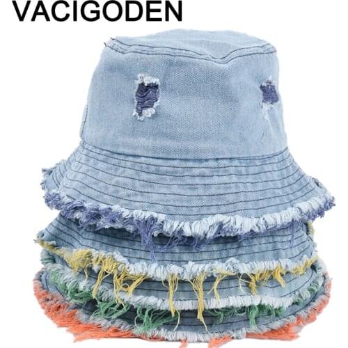 VACIGODEN Women Raw Edge Washed Denim Bucket Hat With Holes Cowboy Fedoras Outdoor Chapeau Fisherman Caps De Pescador Gorros