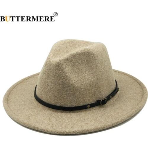BUTTERMERE Women Men Wool Fedora Hat With Leather Ribbon Gentleman Lady Winter Autumn Wide Brim Jazz Church Panama Sombrero Cap