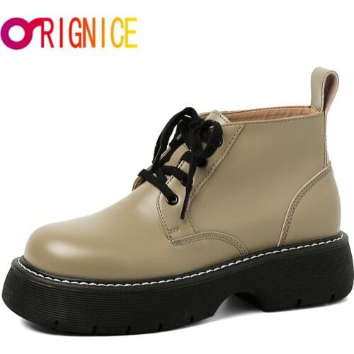 Orignice Retro Spring Autumn Beige Ankle Boots Platform Chunky Heels Casual Comfortable Genuine Leather Lace Up Simple Shoes
