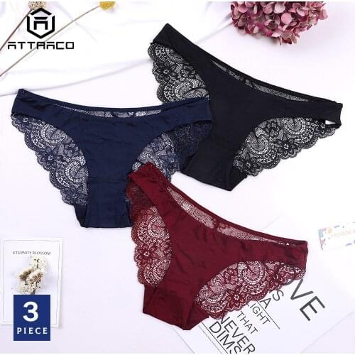 ATTRACO Womens Lace Underwear String Panties Tanga Thong Briefs Cotton 3 Pack Cueca Calcinha Mid Waist Sexy Breathable Sale