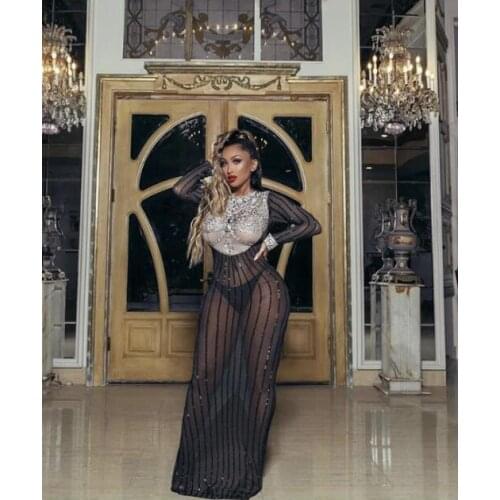 Silver Black Rhinestones Transparent Long Dress Women Dancer Prom Party Show Dress Bar Birthday Outfit Dress