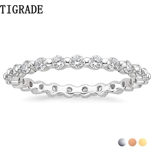 TIGRADE 2mm 925 Sterling Silver Wedding Band for Women Cubic Zirconia Full Eternity Stackable Engagement Ring Size 3-12
