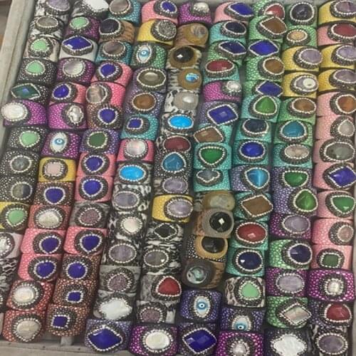 Dankaishi Rhinestone Crystal Natural Stone Rings for Men Women Real Geniue Leather Snake Skin Punk Jewelry Accessories Best Gift