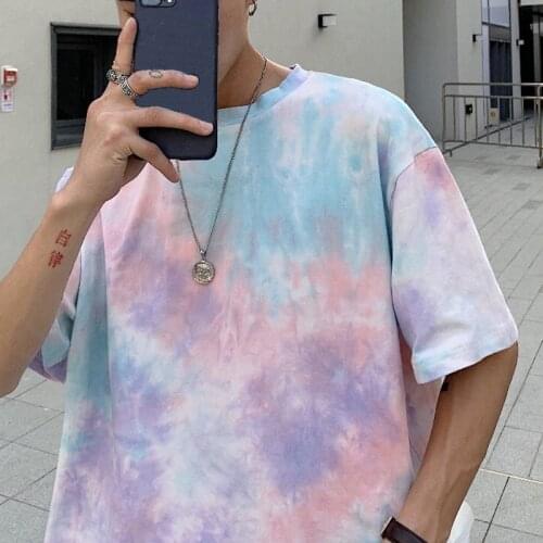 Mens Tie Dye Gradient Loose Fashion Harajuku T-Shirts Print Hip Hop Short Sleeve Tops Male Couple Streetwear Casual T Shirt Men