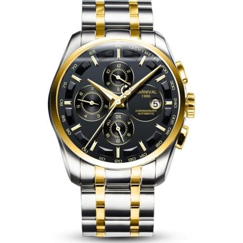 Carnival Mens Business Multifunction Steel Watchband Triple Windows Automatic Mechanical Watch Wristwatch -gold bezel black dial