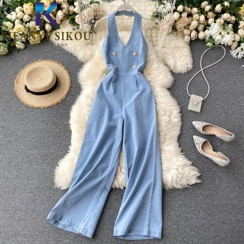 Summer Women Denim Overalls Sexy Backless Jumpsuits Fashion Sleeveless High Waist Wide Leg Pants Female Loose Denim Jumpsuit