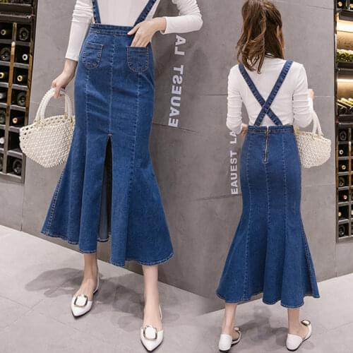Fashion Slim Dark Blue Denim Fishtail Skirt Mid-Length Slit Spring Autumn Womens High Waist Strap Long Jeans Saias Jupe y1481