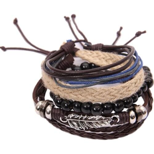 Mens Multi-Layer Cowhide Bracelet Pure Color Leather Alloy Leaf Bead Bracelet String Rope Wristband gift браслет мужской #40